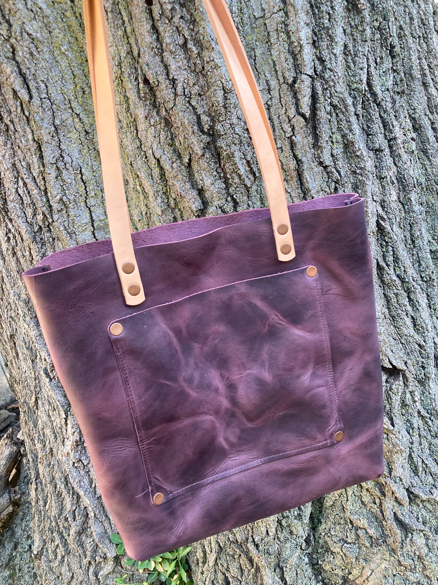 Purple Fusion Leather Tote Bag (Tan Straps)