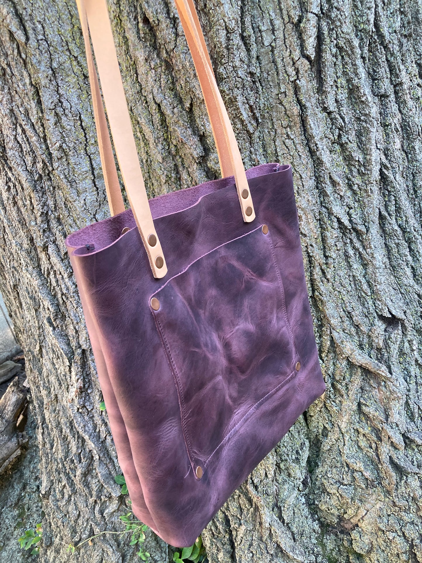 Purple Fusion Leather Tote Bag (Tan Straps)