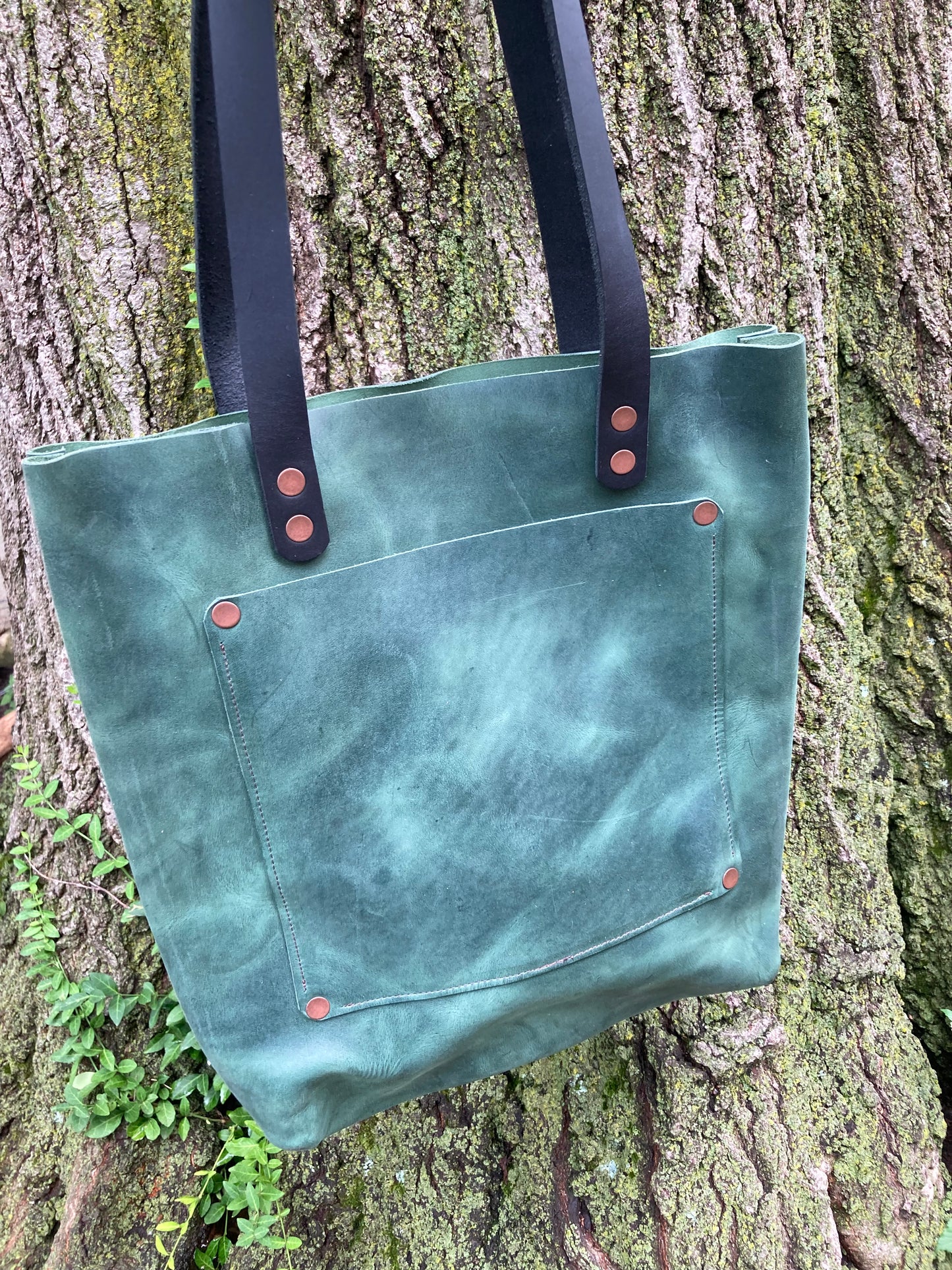 Green Leather Tote Bag (Black Straps)